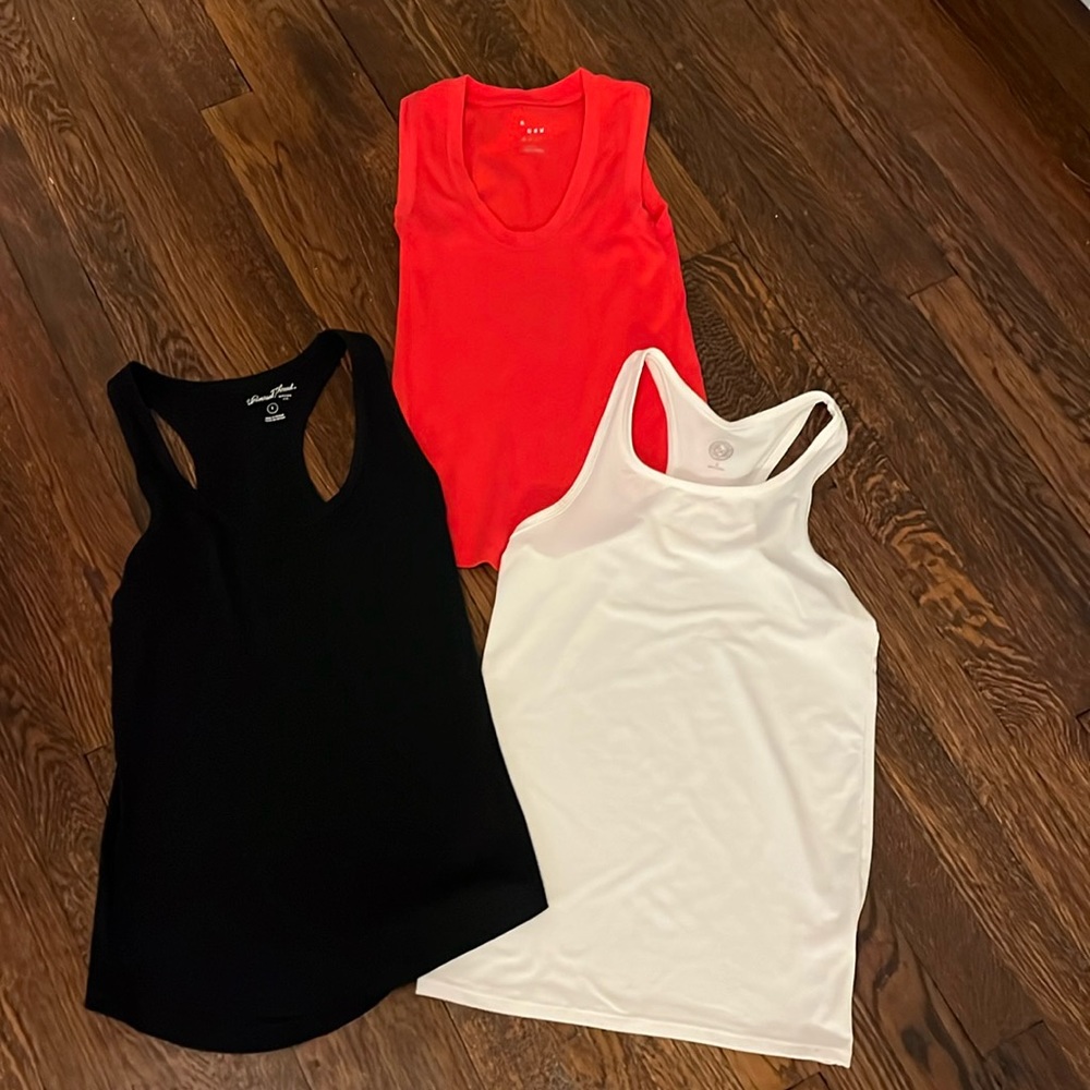 3 tank tops, two are razorback, red, black and white size small